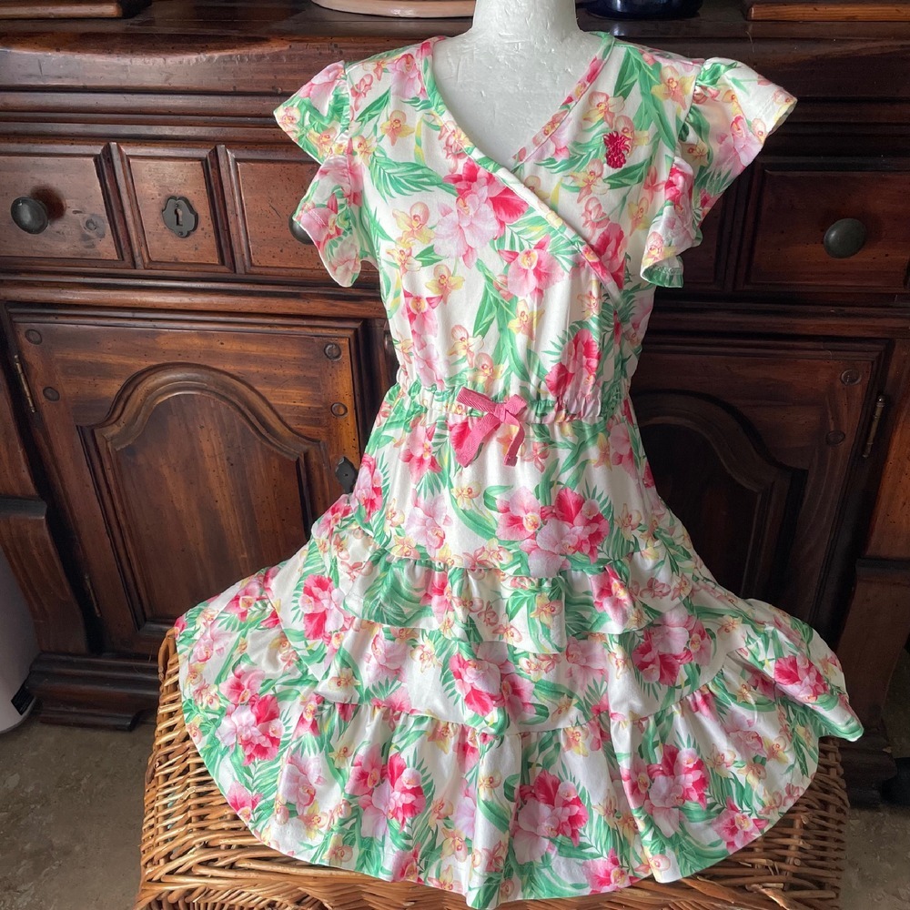Tommy Bahama Floral Dress Ruffle Tiered Flutter‎ Sleeve Girl Size 5